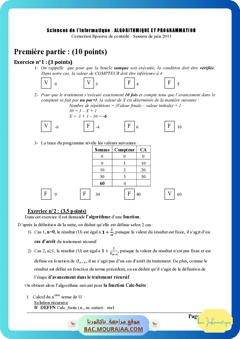 Corrigé controle algorithme Bac 2011 – Section info